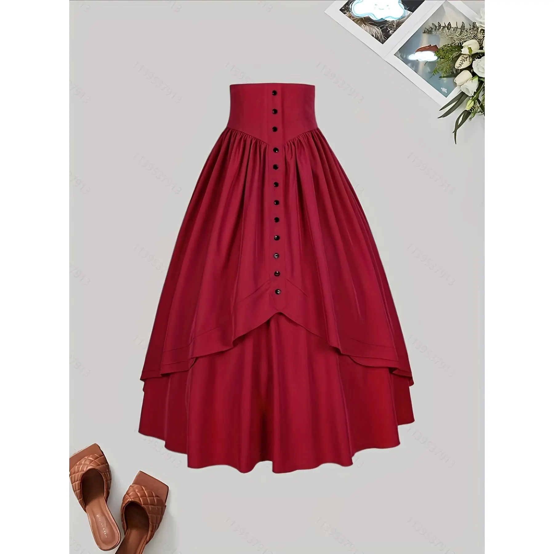 Women's Victorian Style Long Skirt, Plain A-Line Woven Fabric with Flared Hem and Button Detail, Easy Care - Do Not Dry Clean, Fit, Loose