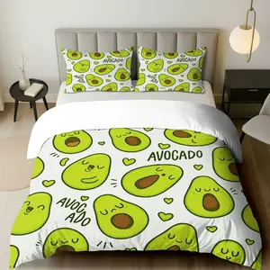 3PCS Duvet Cover Set, 1 Duvet+2 Pillowcases(Without filler), Cute Green Avocado  Fun Playful Modern theme, Summer bedding set, Avocado print Suitable for decoration bedroom living room studio apartment