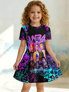 Trendy Street Style Cartoon Girl Print Kids Dress, Girls Summer Personalized Pleated Skirt, Baby Versatile Stylish Dress