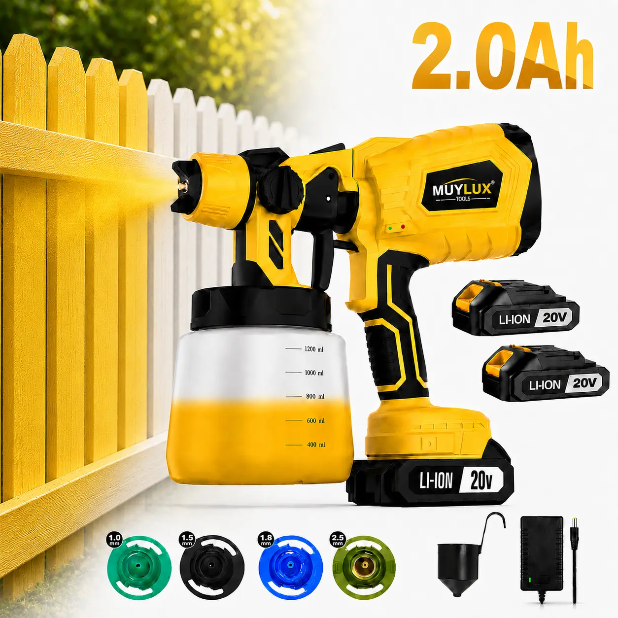 20V Cordless Paint Sprayer, 1200ML Electric Spray Gun with 4 Nozzles, Adjustable Flow Control, 2.0Ah Battery Powered Paint Sprayer for Furniture, Fence, Cabinets, Walls, Outdoor Garden Projects and Home DIY
