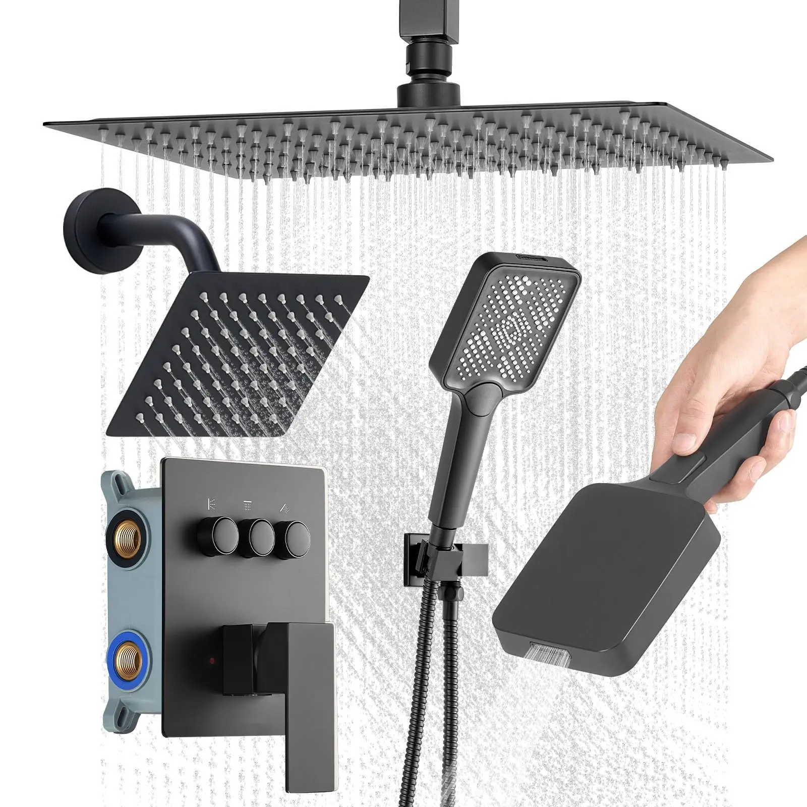 Shower Faucet Set, 12-Inch Ceiling-Mount Rainfall Shower System With 6-Inch Wall-Mount Head And 4-In-1 Handheld Spray, Rotatable 3-Function Dual Rain Head, Brass Valve And Trim Kit, Matte Black Finish, Easy Installation