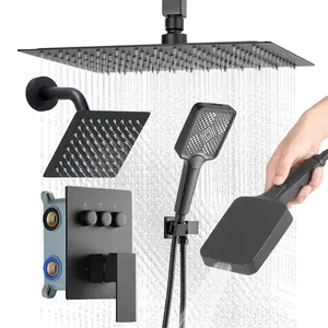 Shower Faucet Set, 12-Inch Ceiling-Mount Rainfall Shower System With 6-Inch Wall-Mount Head And 4-In-1 Handheld Spray, Rotatable 3-Function Dual Rain Head, Brass Valve And Trim Kit, Matte Black Finish, Easy Installation