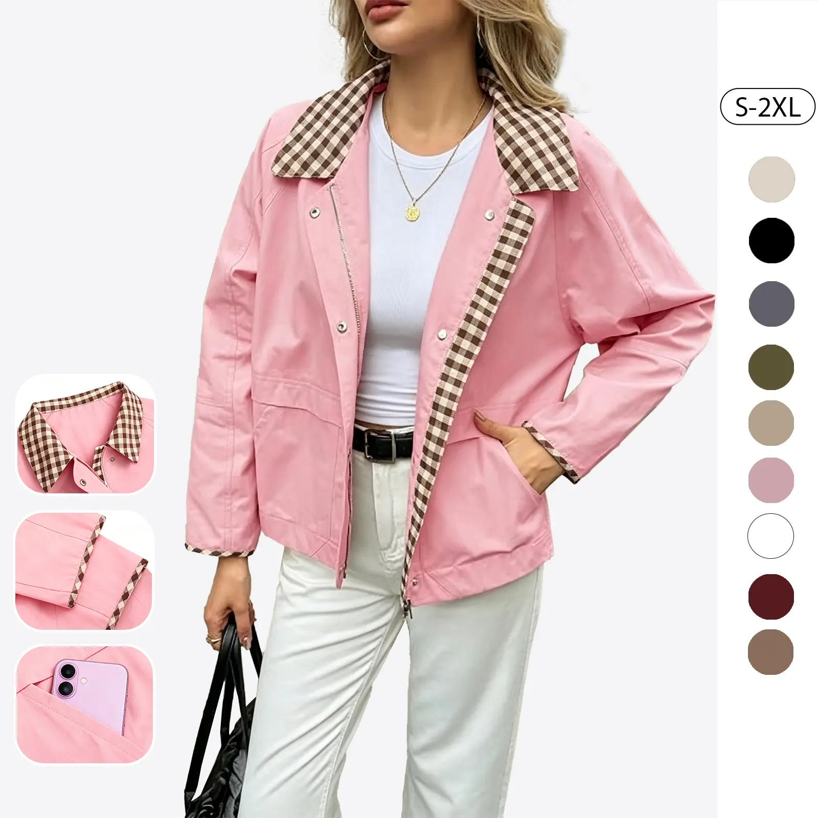 Tankaneo Womens Cropped Barn Jacket Zip Up Lightweight Contrast Plaid Coat | 100% COTTON Cozy Warm Lining, Side Pockets, Fall Outerwear, Casual Daily Outing, Versatile Layering Piece