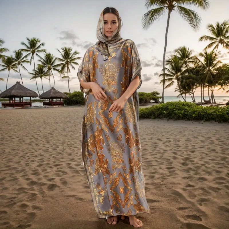 Women'S Elegant Geometric Pattern Abaya - Large, Slim-Fit, Short-Sleeve Dress with Boat Collar, Breathable Polyester, Perfect for Beach & Casual Attire, Beach Attire | Elegant Abaya | Polyester Fabric