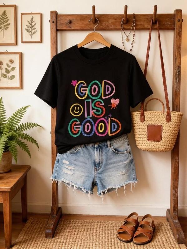 Women's God Is Good Hand-Drawn Graphic Crew Neck T-Shirt - Y2K Loose-Fitting Plus Size XL Elastic Cotton Beach Casual Top, Positive Quote Streetwear Short Sleeve for Summer Anniversary Gift