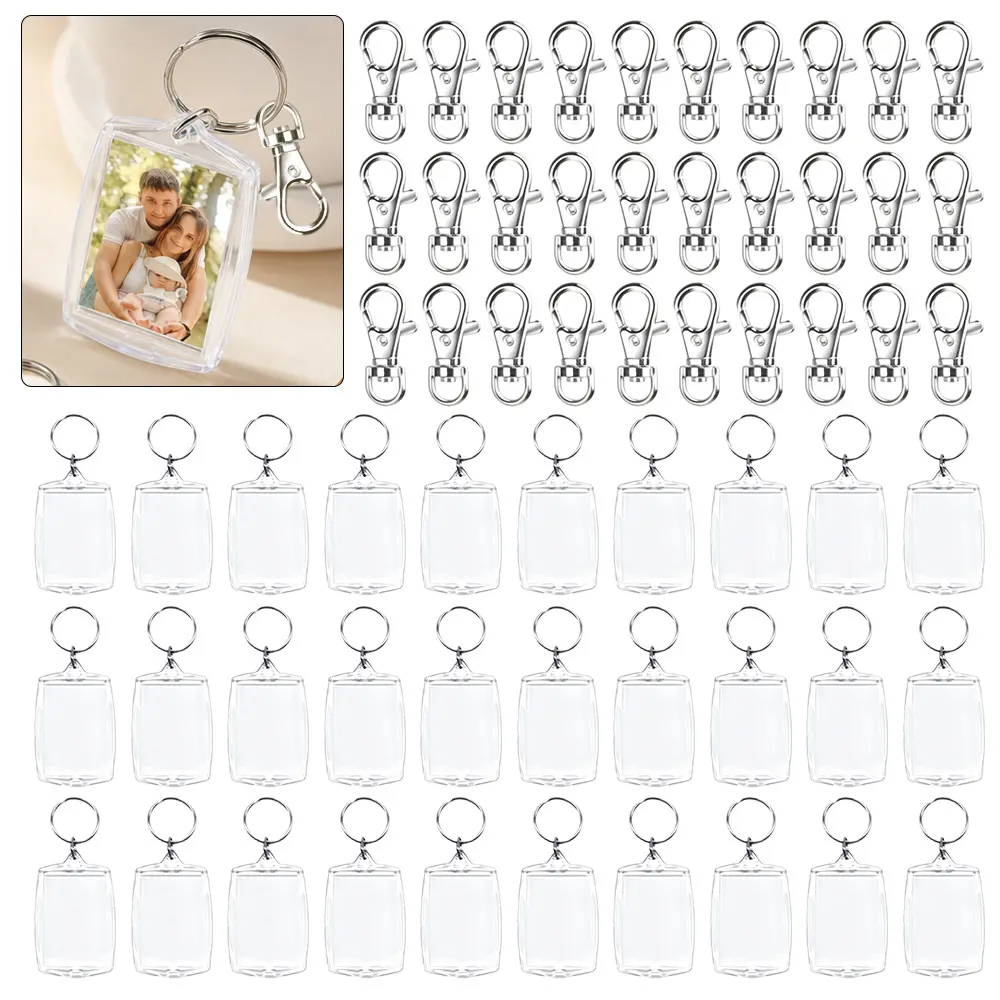 30 pcs DIY Blank Photo Insert Keychains and 30 Lobster Clips, Transparent Acrylic Picture Frame Key Rings, Customizable Key Chain for Handmade Crafts, Holiday Gift, Party Decoration