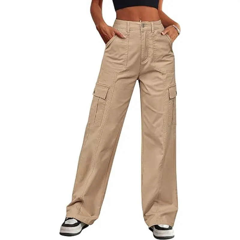 Eddoyee Cargo Pants for Women Wide Leg Baggy High Waisted Stretch Jeans Drawstring Ankle Cuffs 6 Pockets Straight Casual Jean