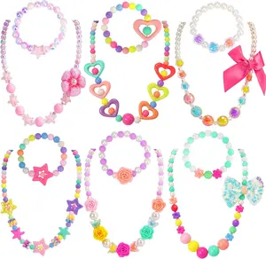 Kids Classic Jewelry, 6 Sets of Beaded Necklaces and Bracelets for Girls, Favors Bags for Girls Jewelry (Classic)
