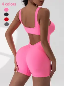 Women's Solid Color Ribbed Tank Romper, Casual Comfy Breathable Sleeveless Romper for Daily Wear, Ladies Clothes for Summer