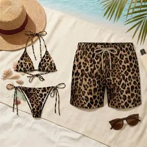 Unisex Couple 2-Piece Swimset - Leopard Cheetah Print Bikini with Adjustable Strings, Moisture-Wick Men’s Swim Trunks, Honeymoon Beachwear, Anniversary Gift