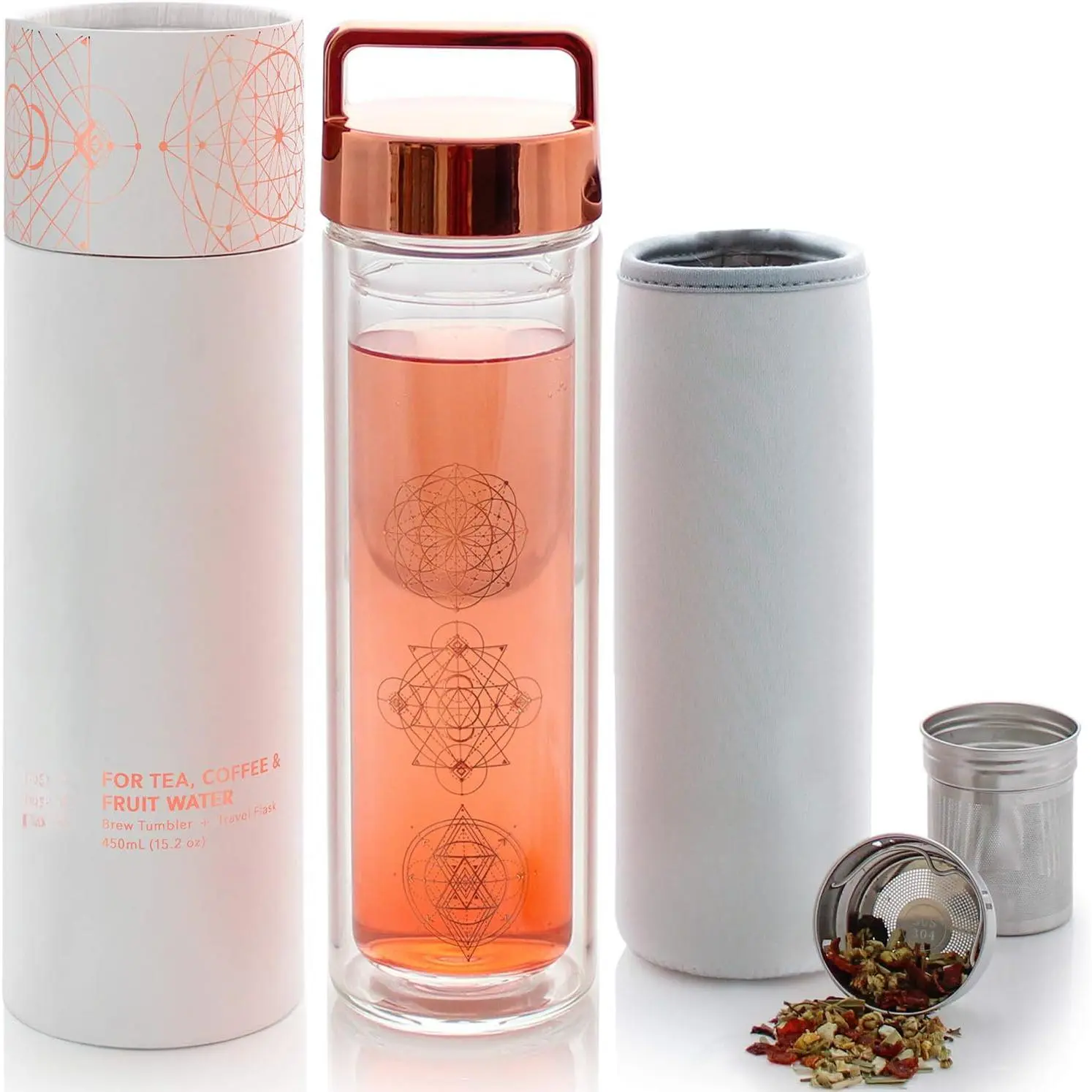 15 oz / 450 ml Insulated Glass Bottle – Tea, Coffee, Fruit Infused Water – All-Temperature Travel Mug – Stainless Steel Infuser Basket – The Wayfarer Tumbler