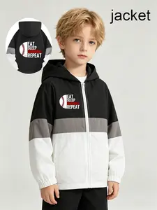 Boys' Casual Long Sleeve Hooded Jacket, Random Print Design, Loose Fit, Zip Closure, Spring & Fall Wear, Perfect for School & Outdoor Activities