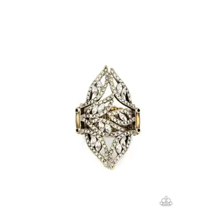 Fiery Foliage - Brass Frame White Rhinestone Ring - Paparazzi