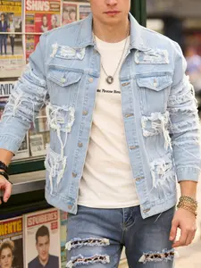 New Men's Slim-fit Long Sleeve Light Wash Denim Jacket, Fashionable Ripped Fringe Design, Casual Style for All Seasons, Moderate Fabric Thickness, Menswear
