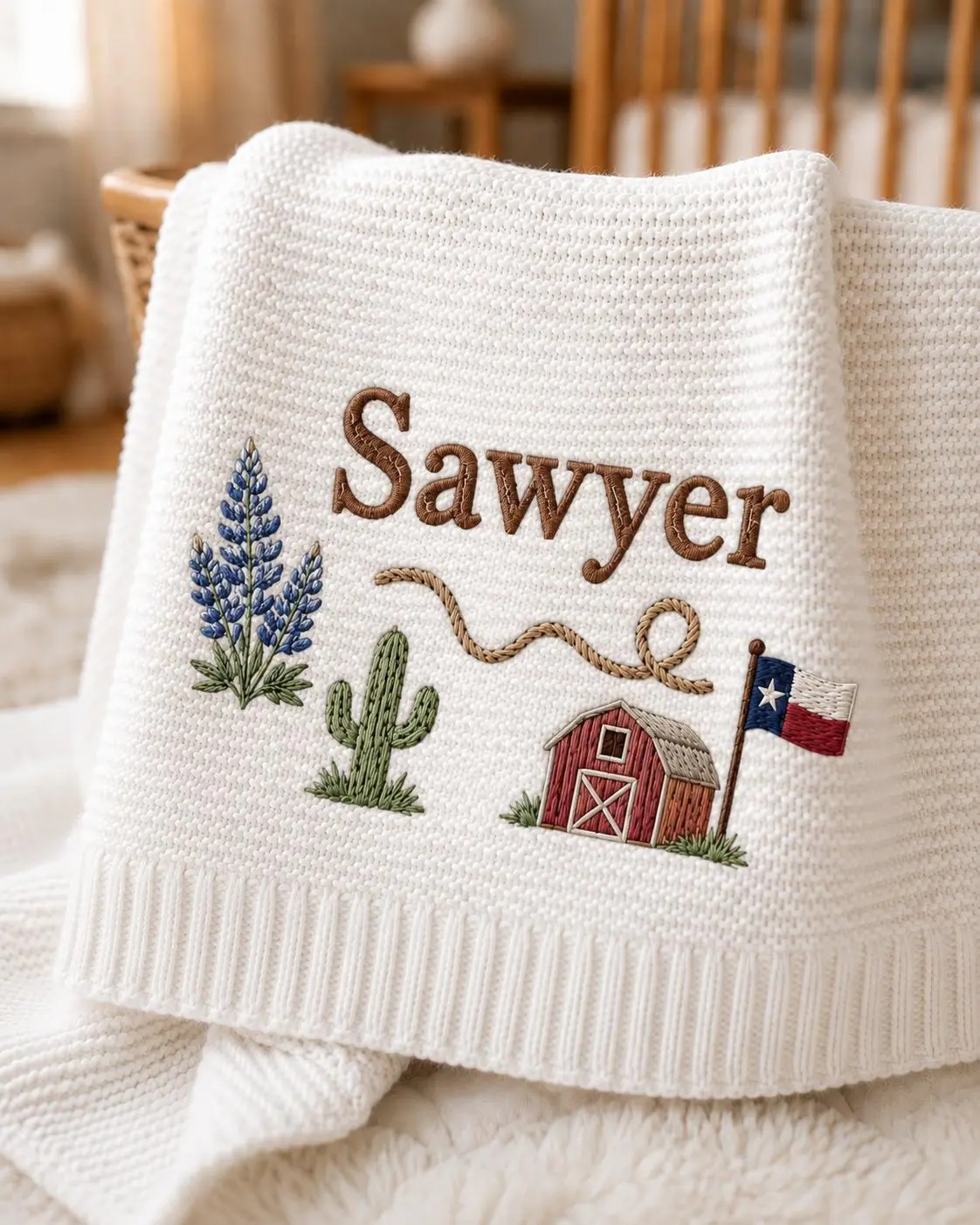 [Made-to-Order] Personalized Western Cactus Boots Baby Blanket, Custom Embroidered Knit Blanket with Name, Cowboy Nursery Decor, Newborn Baby Shower Keepsake Gift