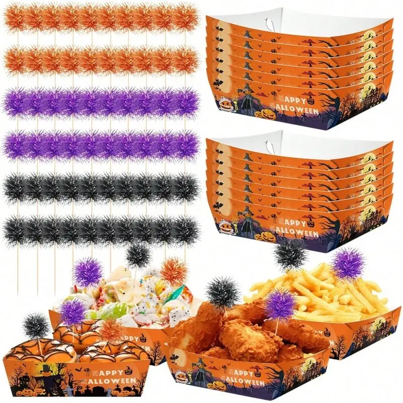 12Pcs Halloween Paper Trays With Orange Black Purple Foil Frill Toothpicks Disposable Serving Trays Scary Halloween Theme Snack Bowl For Halloween Cupcake Baking Creative Dessert Toppers