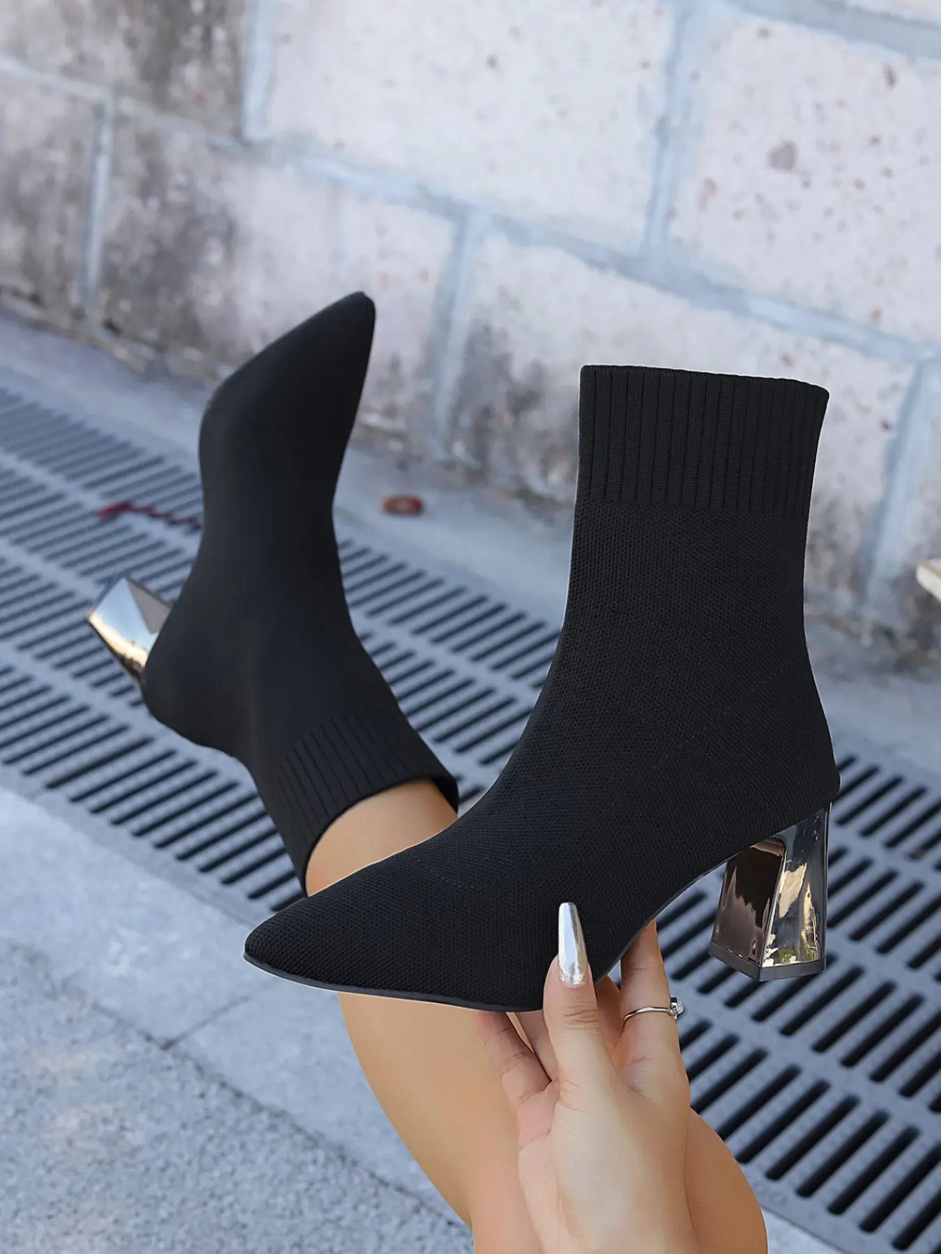 Women's Elasticity Short Boots, Pointed Toe Rhinestone Chunky Heel Slip-On Booties, Above Ankle Skinny Boots, All Seasons Elegant Style