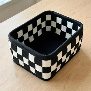 1PC Black & White Checkered Storage Basket with , Multi-Functional Woven Organizer Bin for Cosmetics, Snacks & Toys, Aesthetic Desktop Storage for Bedroom, Vanity & Home Organization