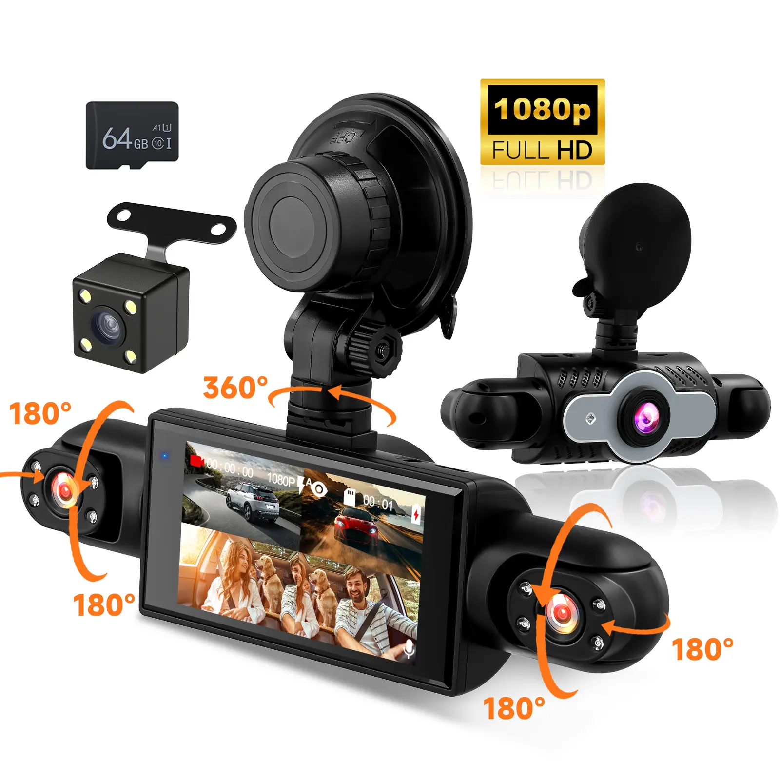 Car Interior Dashcam, 4-Channel 360-Degree View 1080P HD Driving Recorder, 3-Inch IPS Screen, Dual Lens, Wide Angle, 8 IR Night Vision, 1-Count (Father's Day Gift)