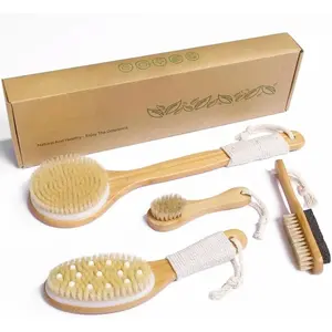 Natural Boar Bristle Dry Brush - Exfoliating Body, Face & Foot Brush, Long Handle Back Scrubber