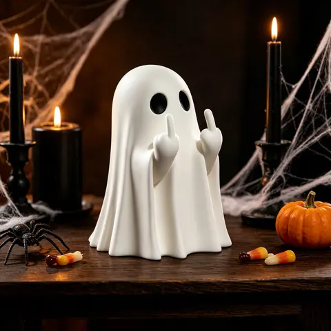 Halloween Ghost Figurine - Spooky Cute Resin Middle FingerGhost Statue, Perfect for Porch & Indoor Halloween Decor.Anime-Style