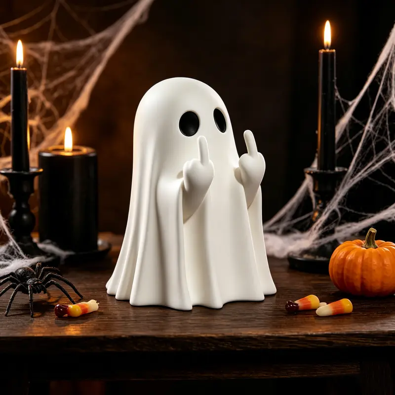 Halloween Ghost Figurine - Spooky Cute Resin Middle FingerGhost Statue, Perfect for Porch & Indoor Halloween Decor.Anime-Style