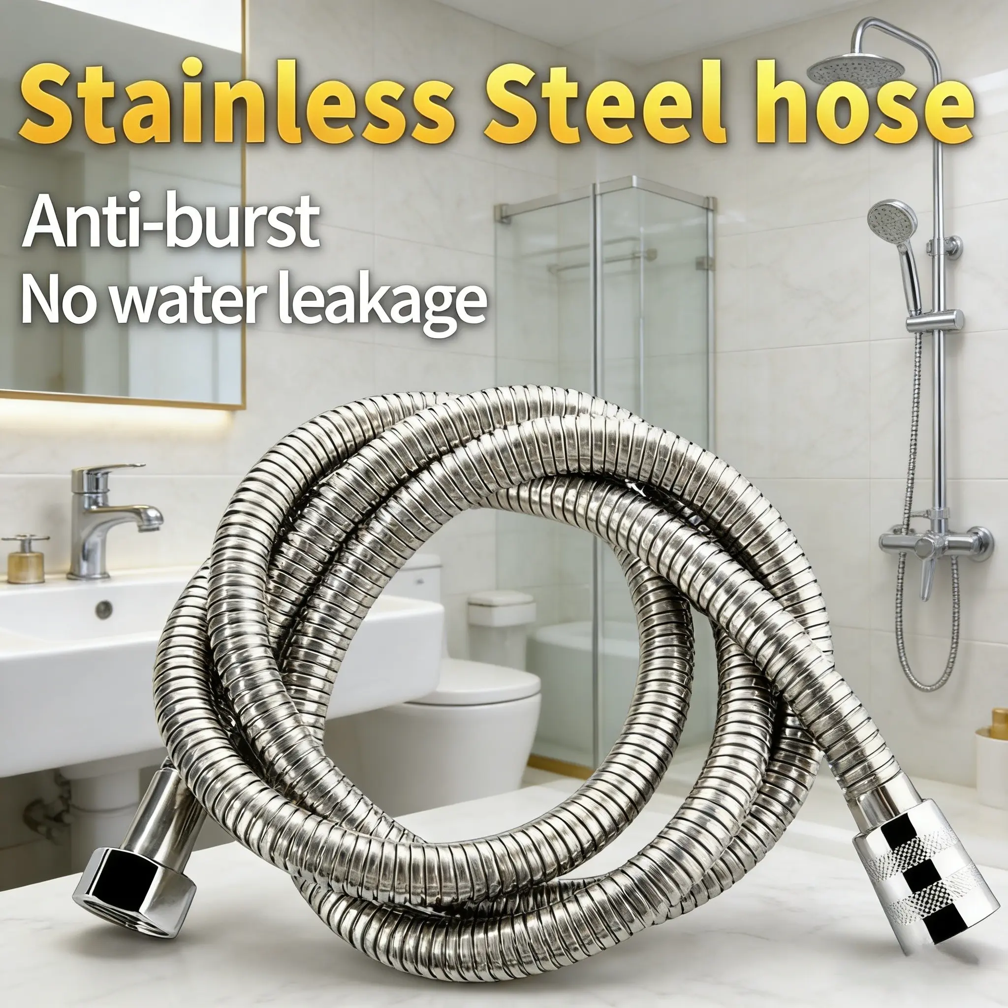 1PC Flexible Stainless Steel Shower Hose, Reinforced Durable Bathroom Extension Pipe, High Flow Performance, G 1/2 Inch Interface, Shower Head Hose