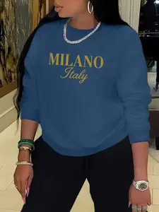 MILANO Letter Print Fashion Women's Casual Loose Sweatshirt, Stylish Crewneck Long Sleeve Pullover for Comfort in Fall & Winter, Ideal for Outdoor Activities, Womenswear