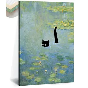 Framed Funny Black Cat Wall Art, Monet Water Lilies Canvas Print, Kawaii Preppy Aesthetic Poster for Bathroom, Living Room & Bedroom Décor Vintage Wall Art