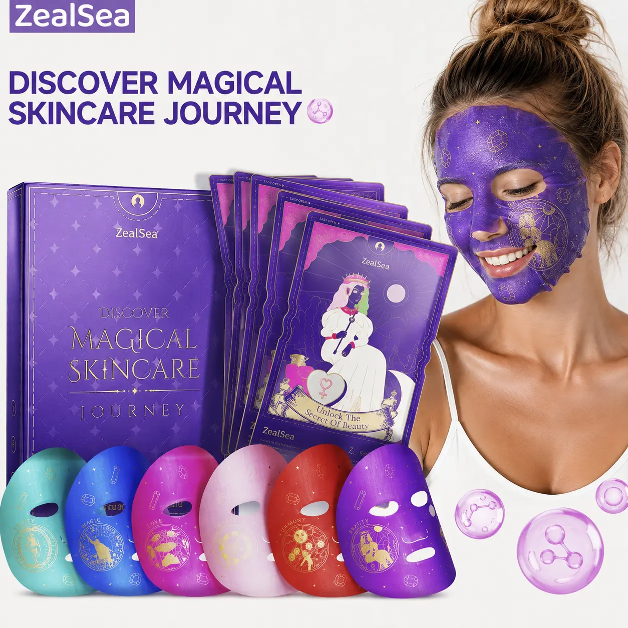 ZealSea 6 Variety Collagen Anti Aging&Hydrating Facial Mask Mix Set, With Astaxanthin Q10 Antioxidant, All Skin Compatibility, Self Care Spa Gift Set for Women, Birthday & Sleepover Gifts, Mood-boosting, Supporting Your Daily Mental Well-Being