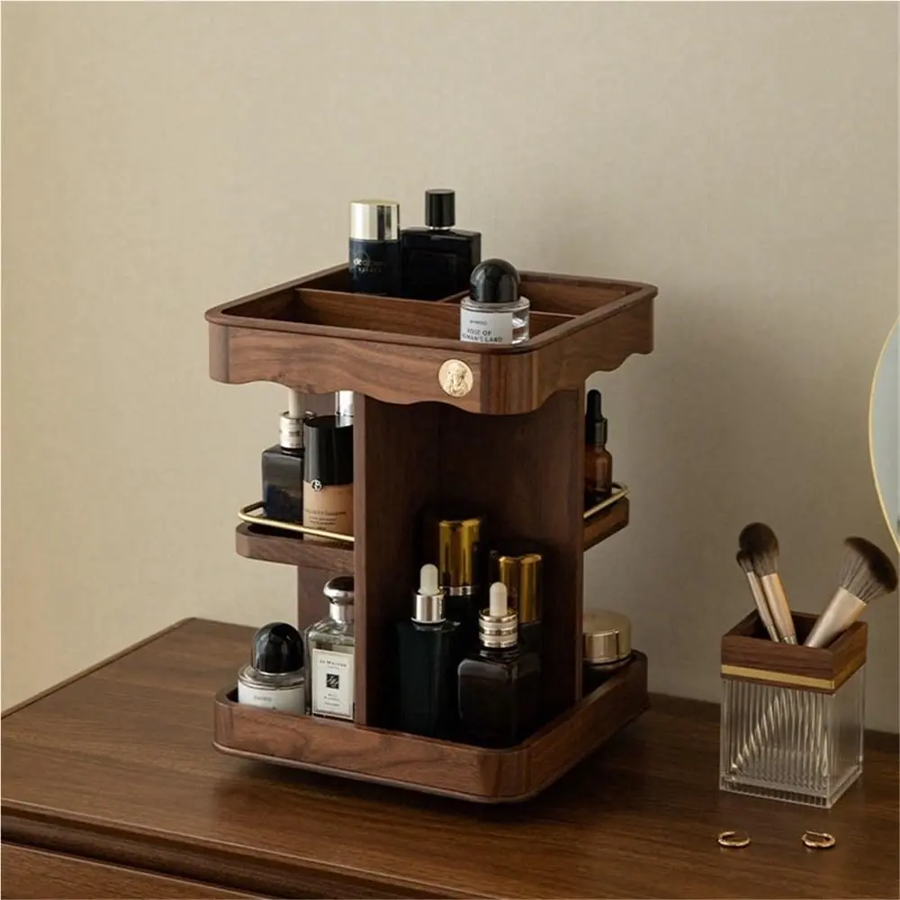 Bamboo 360° Rotating Makeup Organizer with Adjustable Wood Shelves - Smooth Walnut Home Storage Bin, Large Capacity Vanity Holder for Skincare, Perfume