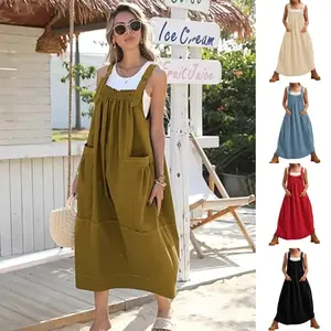Women's plus size apricot cotton tube Midi dress with adjustable shoulder straps and large pockets, suitable for casual wear in summer(Sheet)