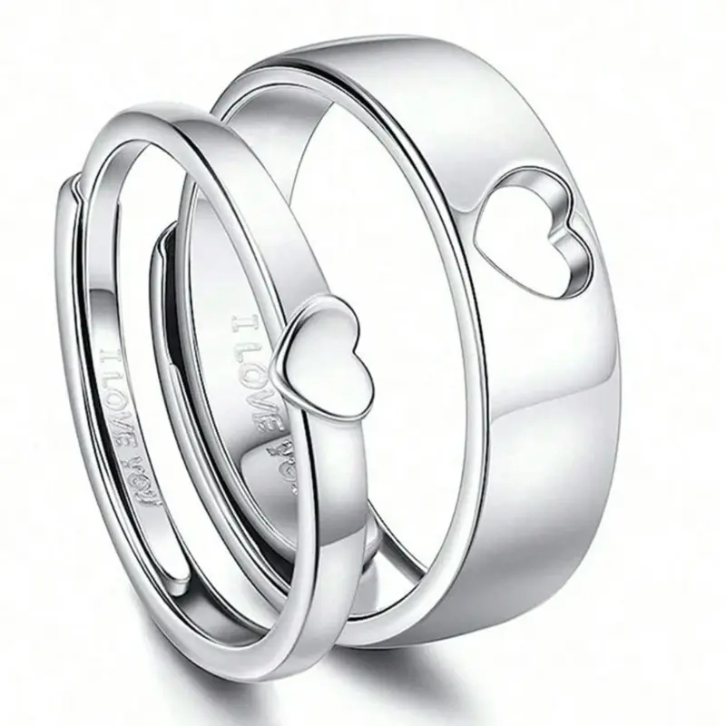 Couples Heart Matching Rings Silver Tone with I Love You Engraving Perfect Gifts for Couples Elegant and Romantic Design