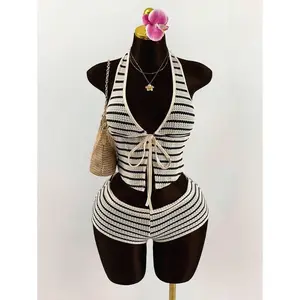 Boho Vacation Summer Outfits For Women Vacation Outfits  2pcs Set Plunging Neck Tie Front Very Low Waist Striped Mini Shorts Island Vacation Outfits