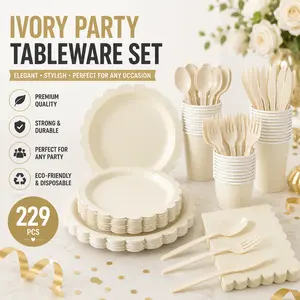 175 Pcs Ivory Paper Plates and Napkins Set, Beige Party Supplies with Scalloped Cream Plates, Napkins, Cups and Plastic Cutlery for Wedding, Bridal Shower, Baby Shower, Birthday Party, Engagement, Anniversary and Elegant Table Decorations