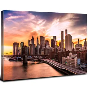 New York Wall Art Bedroom Sunset Brooklyn Bridge Skyline Wall Decor NYC Cityscape Poster for Office USA Downtown Canvas Pictures City Skyscraper Panoramic Artwork Living Room Home Decorations