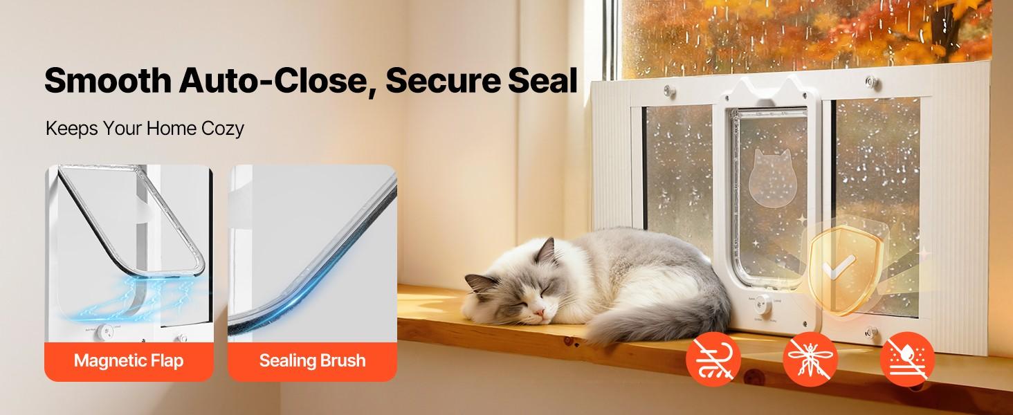 Window Cat Door with Adjustable Width 31 to 36 Inches, 4 Secure Lock Modes, Aluminum Frame and Clear Tempered Glass, Magnetic Closure, Weatherproof Quick-Fit Pet Door for Cats, White