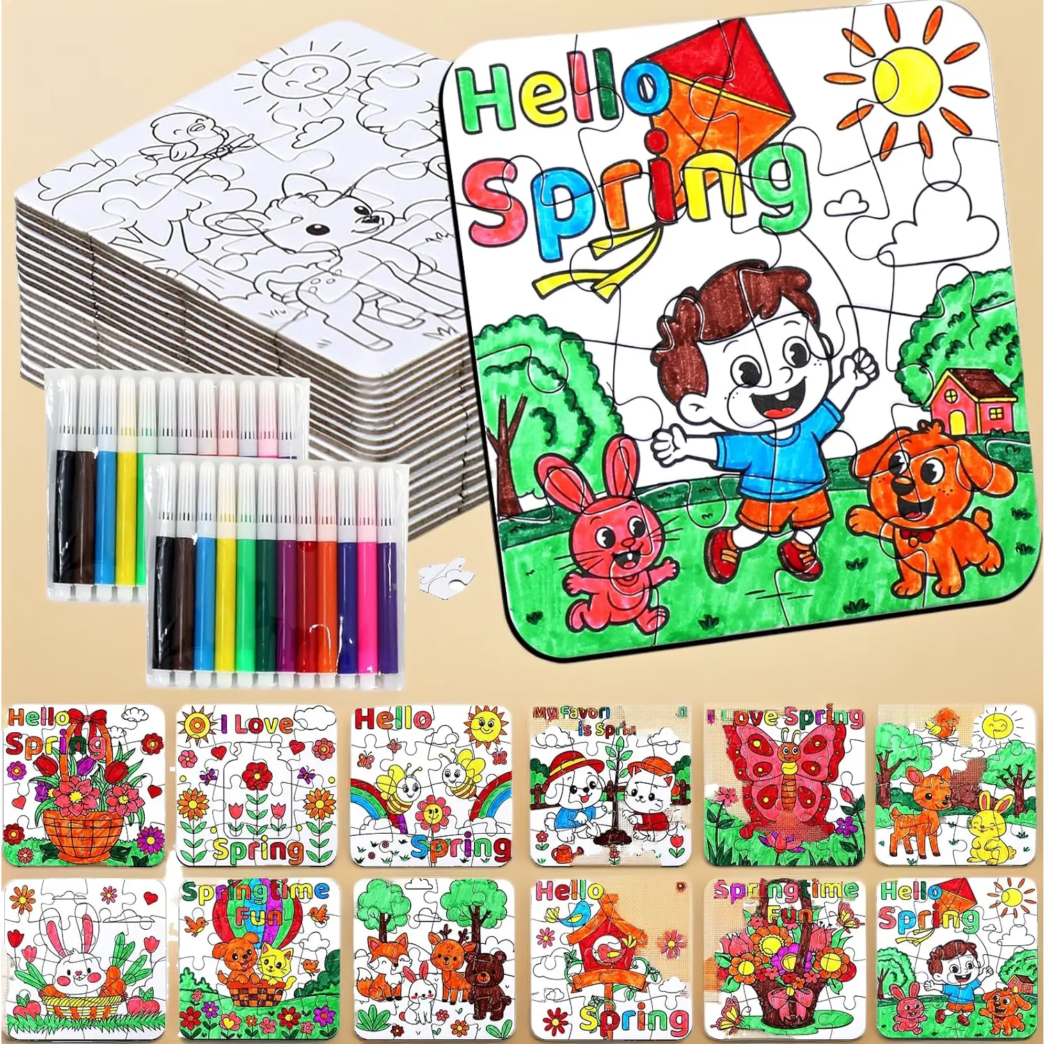 24Pcs Spring Crafts Bulk Kit - Flower, Butterfly, Bee, Bunny DIY Puzzle for Kids - Easter School Classroom Activity, April Party Favors & Gift Supplies