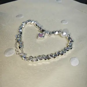 Pink Zircon Heart Pearl Broken Silver Beaded Bracelet