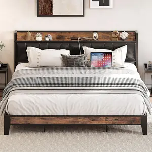 King Bed Frame, Storage Headboard with Charging Station, Solid and Stable, Noise Free, No Box Spring Needed, Easy Assembly (Vintage and Black)