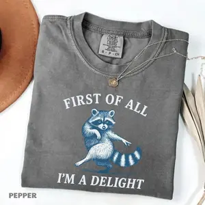 Comfort colors First of All, I'm a Delight TShirt, Funny Raccoon T-shirt, Sarcastic Quote TShirt, Sarcasm Tee, Funny Animal Raccoon Tee, Humor Graphic T-Shirt