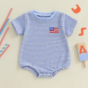 Afunbaby Newborn Infant Baby Boys 4th of July Romper USA Flag Embroidery Striped Print Short Sleeve Romper Onesie Bodysuit Cute Clothes 0-18 Months