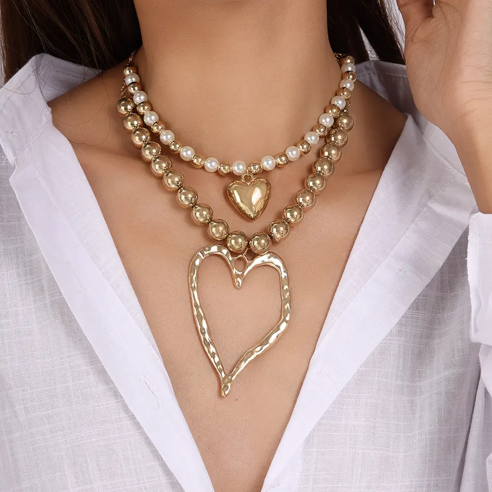 2 Pairs Necklaces Boho Heart Shaped Beaded Necklace, Chunky Necklace, Gifts for Girlfriend, Fashion Jewelry Accessories for Party, Daily Clothing Decor Heart Station Diamond Cut Necklace woman waterproof jewelry allah  necklace chain