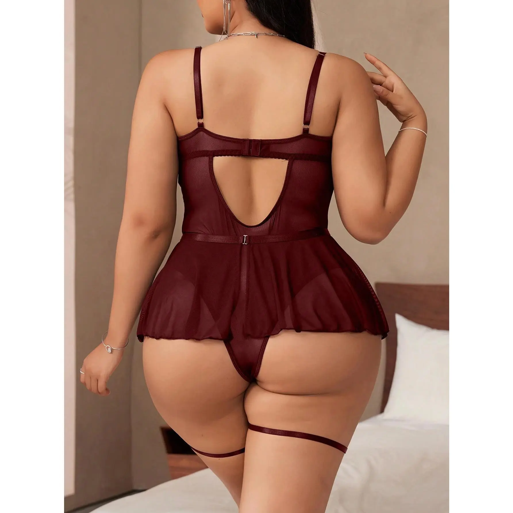 Women's Plus Size Lingerie Set 4 Piece Lace Underwire Garter Teddy Bodysuit  Nightwear with Crystals Sheer
