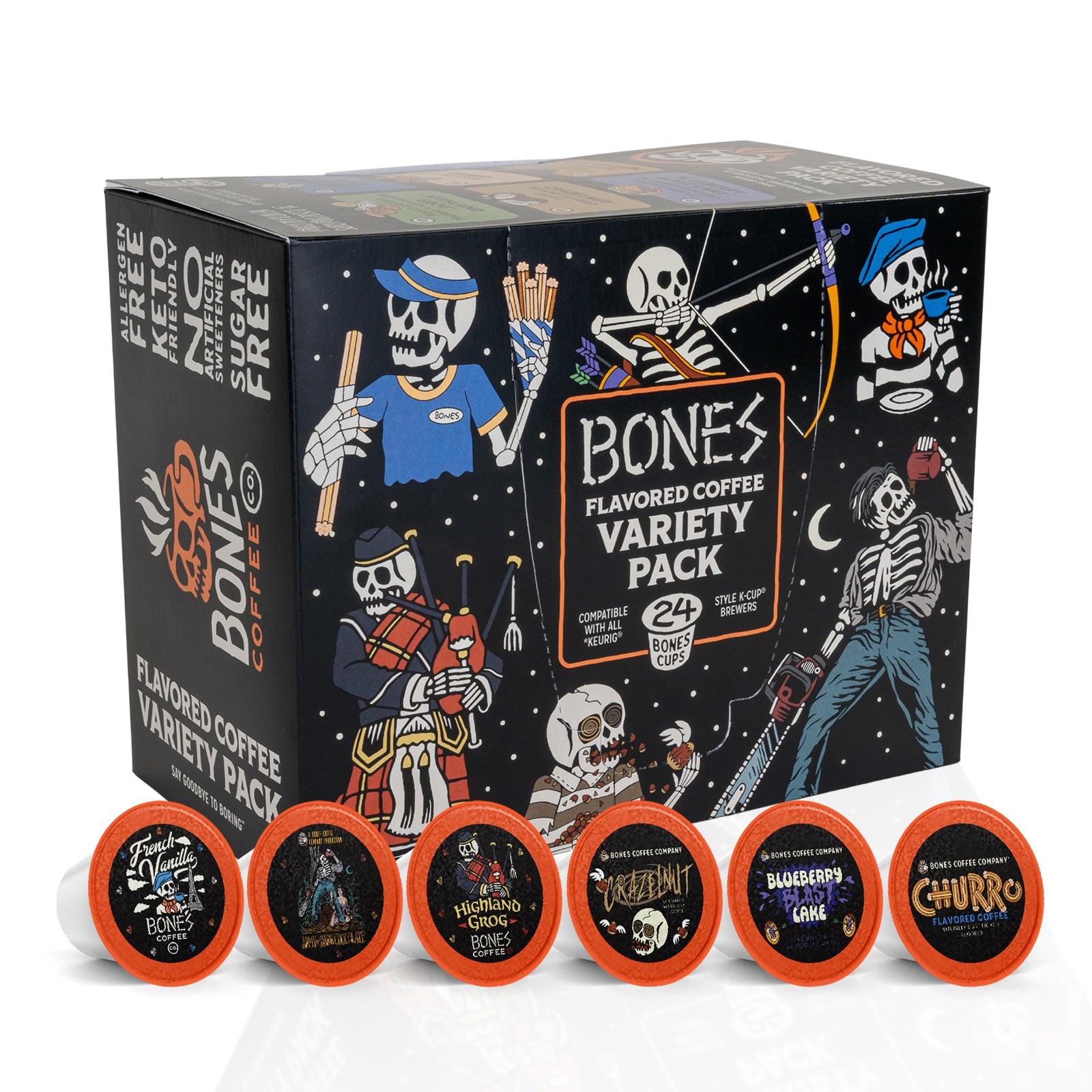 Bones Coffee Company Bones Cups – Flavored Coffee Pods, Keurig Compatible, 12 Count & Variety Pack