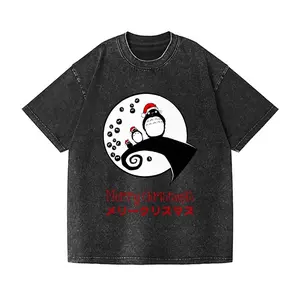 Men's Retro Studio Ghibli Totoro Christmas Acid Wash Oversized Round Neck Short-Sleeve T-Shirt, Casual Everyday Top, Shortsleeve
