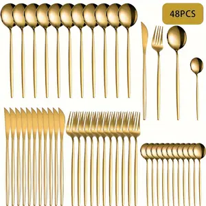 Stainless Steel Cutlery Set, 48pcs/set Including Fork & Knife & Spoon, Dishwasher Safe Tableware Set for Home Kitchen, Party, Dining Room, Modern Tableware Sets