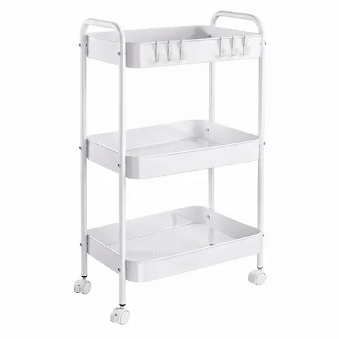 3-Tier Anti-Rust Carbon Steel Rolling Utility Cart - Freestanding Organiser with Lockable 360° Wheels, Handle, 6 Side Hoops, Home Accessory for Bathroom Decor, Room Storage & Daily Home Organization