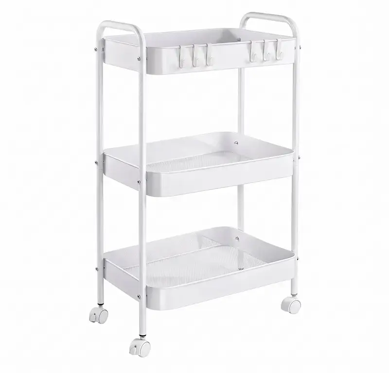 3-Tier Rotatable Rustproof Carbon Steel Utility Organizer - Lockable Wheels, Handle, 6 Side Hoops, Heavy-Duty Storage Rack for Kitchen, Apartment, Bathroom, Small Room Storage Organization, Rolling Organizer, Back to School Dorm Room Essentials