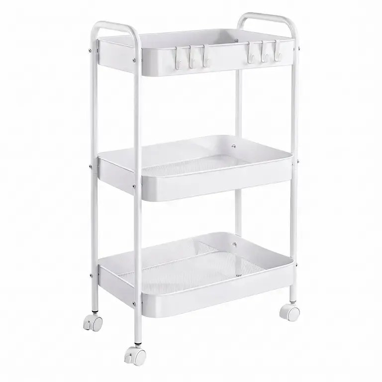 3-Tier Anti-Rust Carbon Steel Rolling Utility Cart - Freestanding Organiser with Lockable 360° Wheels, Handle, 6 Side Hoops, Home Accessory for Bathroom Decor, Room Storage & Daily Home Organization